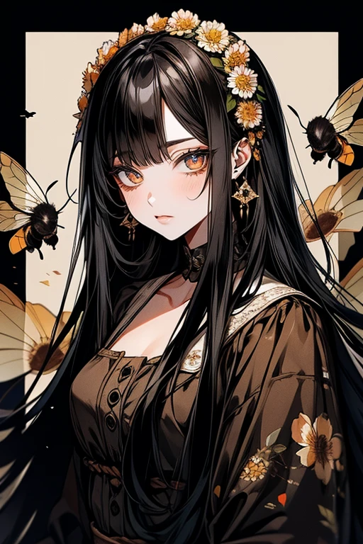 girl with long black hair and brown eyes, cute, charismatic, floral dress with bees , jasmine flowers, portrait