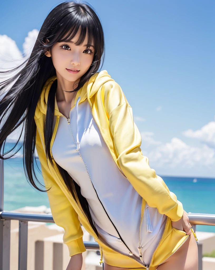 (Highest quality, 32k, High resolution, Masterpiece:1.5), marimo_jet, A girl rakkasiteiru 5000 meters above the ground, Beautiful Japanese Girls, An exceptionally beautiful face, Small Face Beauty, ((whole body:1.2)), Perfect Human Anatomy, Magical big eyes, Motherhood and generosity, Deep Love, fleeting smile, ((Shiny black hair:1.4)), Intricately messy super long straight silk hair, Asymmetrical bangs, Hair between the eyes, Transparent, soft white skin, Sharp eyebrows, Thin lashes, Natural Makeup, Cheek highlighter, Pale pink detailed lips, ((Yellow zip hoodie with front open:1.3)), ((White tank top:1.2)), ((Denim shorts:1.２)), High resolutionの完璧な鎖骨, High resolutionの美しい胸元, Slim figure with ample breasts, High resolutionの美しい太もも, ((Detailed sky background:1.2)), Professional Lighting, Professional photographer, Professional models, mysterious
