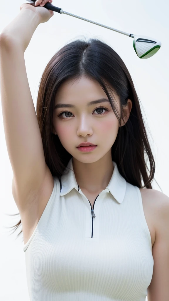 (((forehead、Northern Europe、White people、beautiful girl、Black Hair、White background、Professional Golfer、Golf Wear)))、table top, highest quality, figure, super detailed, finely, High resolution, 8k wallpaper, Perfect dynamic composition, detailed and beautiful eyes, Deco out,bionde, medium hair, super big breasts, Natural color lip,white background, random cute poses,frill dress