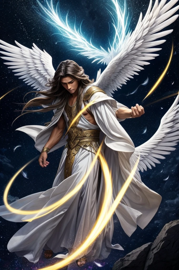 Male angel with long hair, big wings, aura, flowing clothes, mystical, divine, dark sky, light focusing on the angel