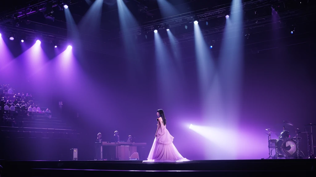 light purple dress, Long black hair, Black eyes, light purple dress, big hall stage, empty dark hall, beautiful lighting, Back light, Beautiful woman, Japanese anime,