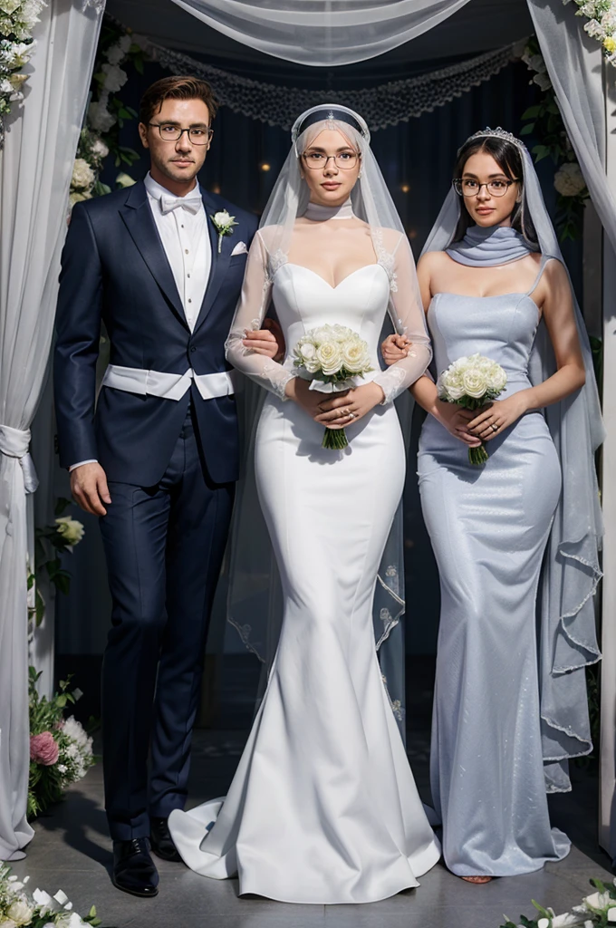 3D animated poster of a married couple, man and woman, full body,The man with glasses wears a navy suit, The bride wore a hijab wearing a white mermaid style dress with a long veil , there are three black cats, and the other two are gray , flower garden background