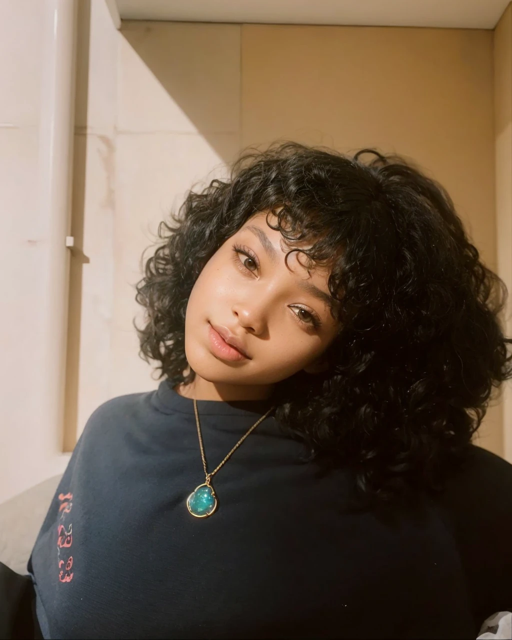 A black woman with her eyes downcast and her head slightly to the side with her hair tossed