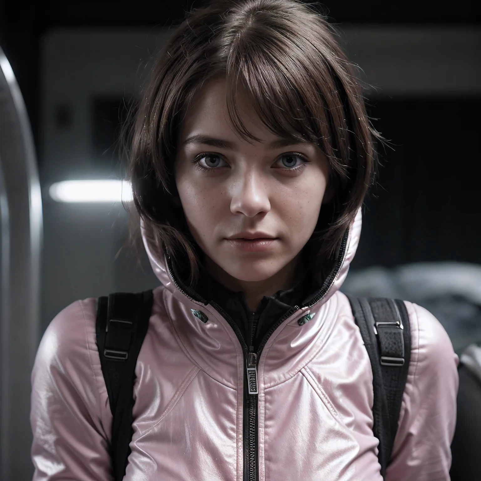 Photo of a college student, Purple Pink, Futuristic space suit, (freckle:0.8) Cute face, Science Fiction, Dystopia, Delicate eyes, Green pupils（（side view））