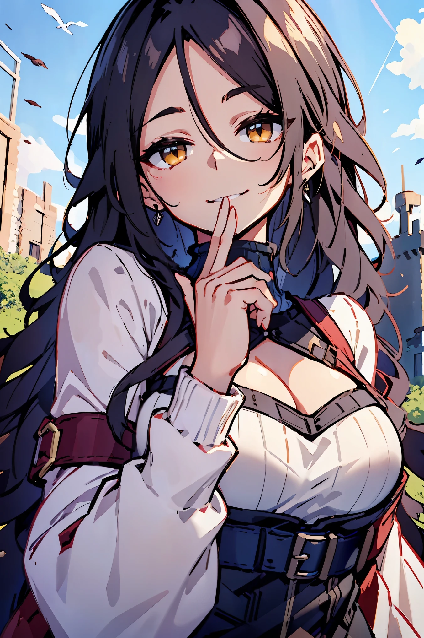 (masterpiece:1.2), (high quality:1.2), (hui xiyi:0.7)rekkyo sensen, rekkyou sensen, girls with((black hair, tits cleavage, waving is hands, breasts close up, (suspenders:0.65), (dress:0.65), blue clothes, (belts:0.7), frills shirt, (white knit sweater:1.2), camisole, exposed breasts, straps, ribbon, upper body, (long wavy hair:1.55), one side up, long sleeves, perfect hands, perfect fingers)), background with((fantasy world, ruin, castle, beautiful sky, shining sky, sunshine))