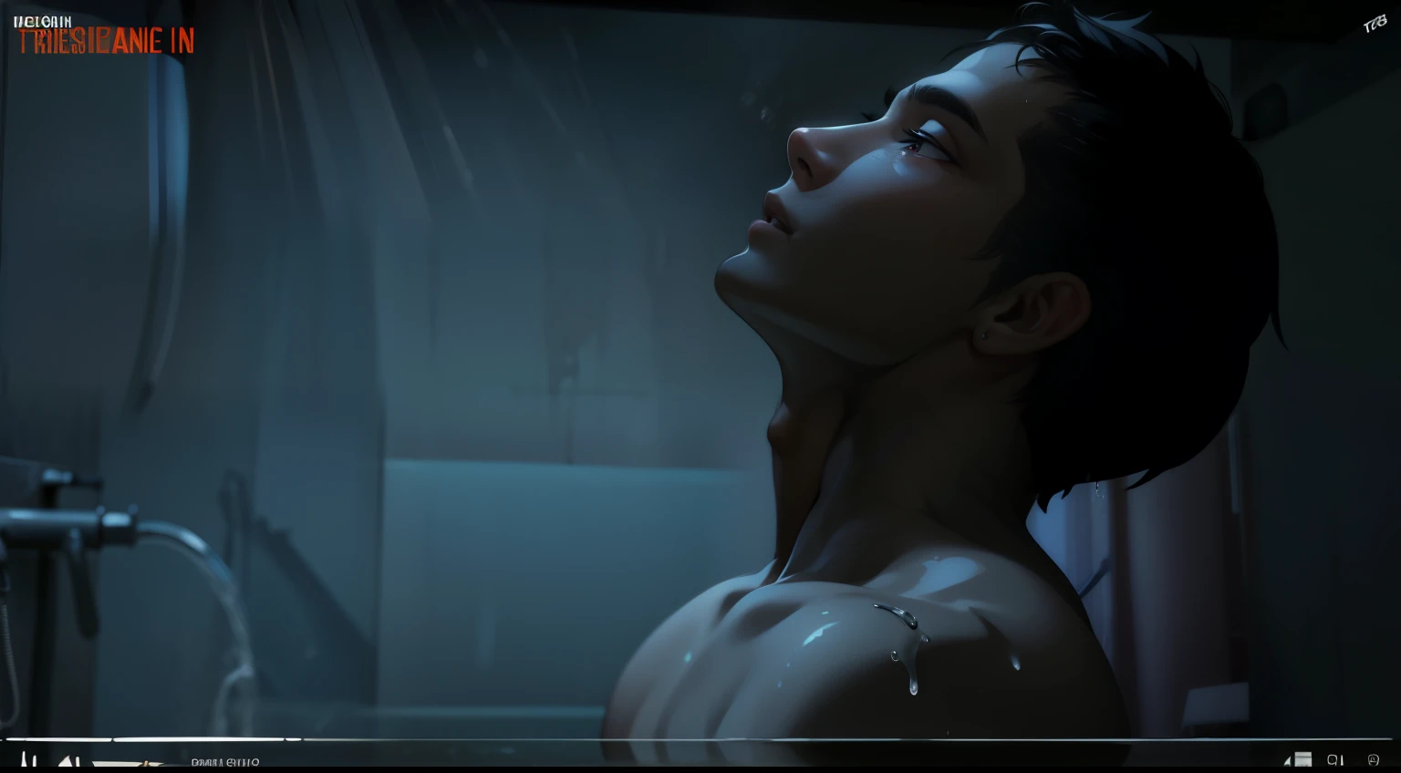 an 18 year old boy with gray hair getting wet with the water from the shower