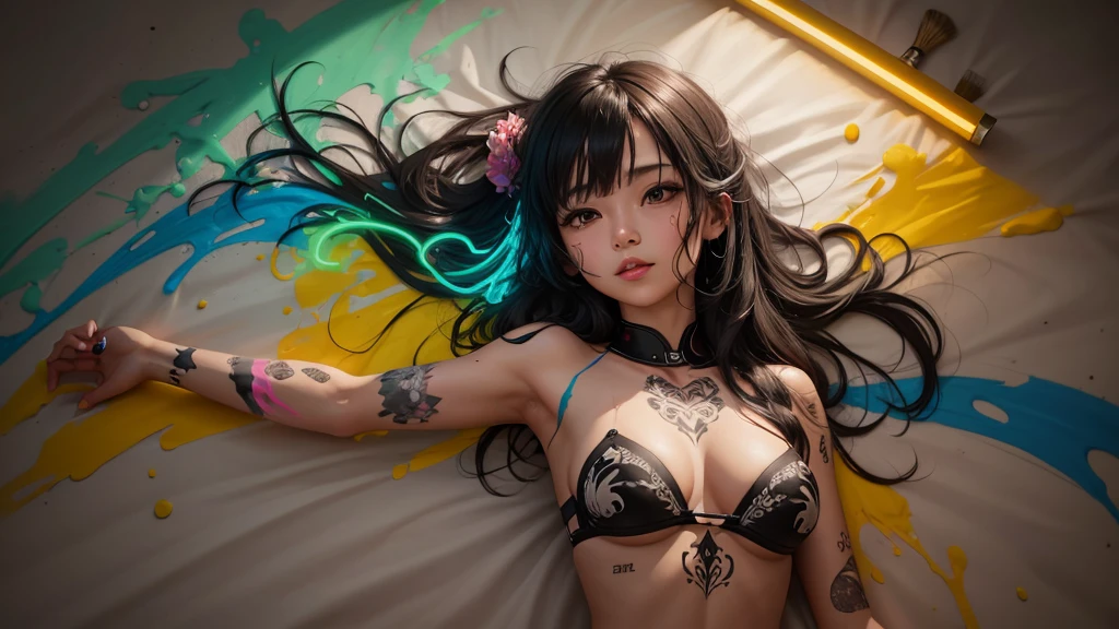 ((zoom in) Create a scene of a large wall painted with colorful paints simulating tattoos illuminated with neon by drawing the title Ai, ai my love