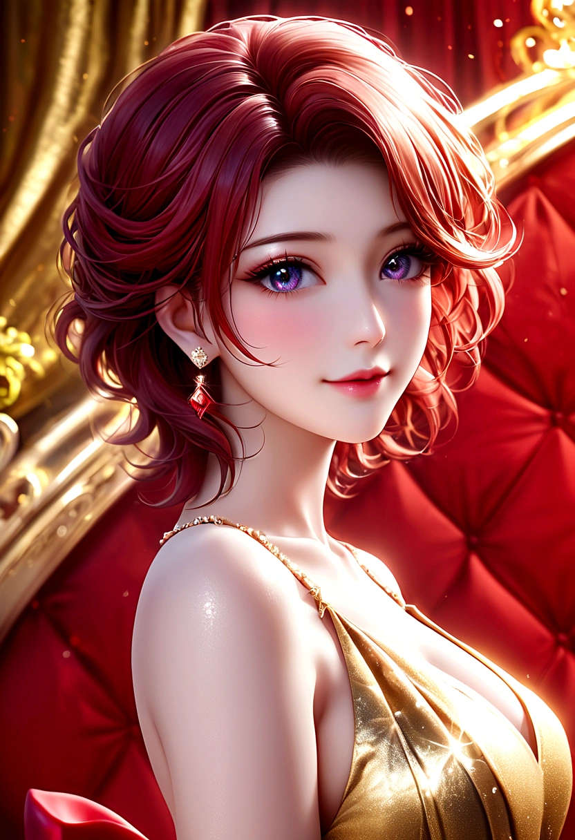 1 Girl, Korean Idol, Red short hair, Very pale skin, Gold dress, (Extremely detailed CG unity 8k wallpaper), The most beautiful works of art in the world,