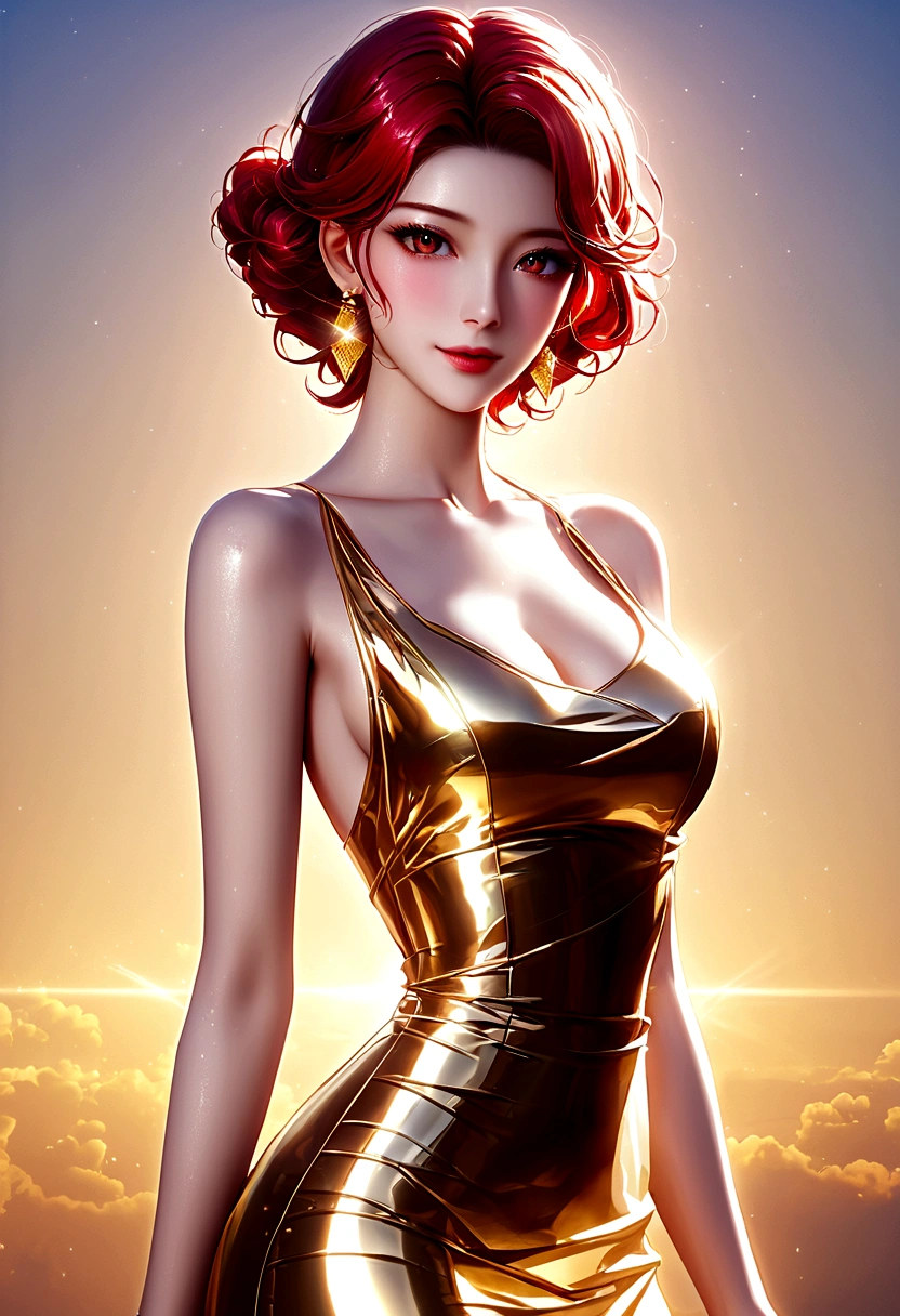 1 Girl, Korean Idol, Red short hair, Very pale skin, Gold dress, (Extremely detailed CG unity 8k wallpaper), The most beautiful works of art in the world,