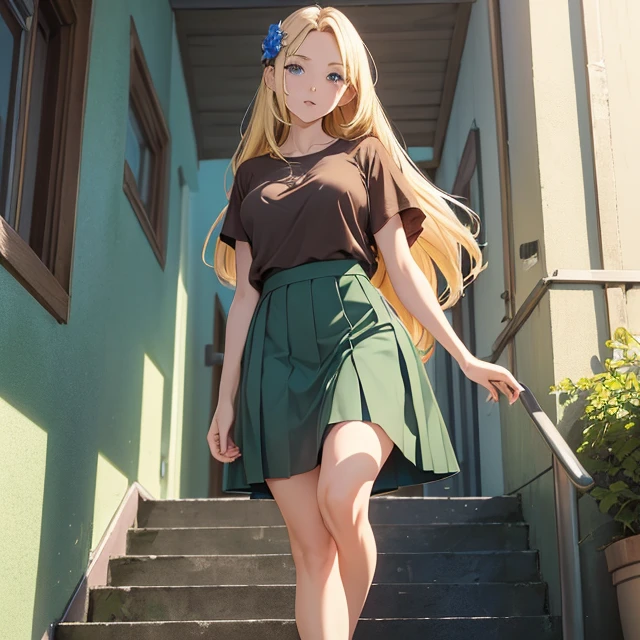 (masterpiece art, high best quality image, very detailed features) looking down, not looking to the viewer
1woman, 45 years old adult woman, milf, long blonde golden straight hair, blonde golden eyebrows, fair skin, beautiful face, medium breasts, good body figue, light blue eyes, thin lips, scared demeanot, serious, (brown t-shirt, dark green medium skirt, short heel shoes, blue flower left hairclip)
Walking downstair, Ottawa Canada, simple canadian neighbourhood house, green colored wall,
