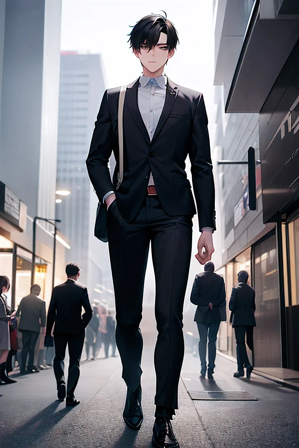 Max, a young man in his mid-twenties, walks along the crowded sidewalk. He wears a worn-out suit and carries a backpack slung over his shoulder. The buildings around him are tall and gray, blending into the monotony of his daily life. Pedestrians hurry past him, their faces obscured by a sense of urgency. dark grey scene