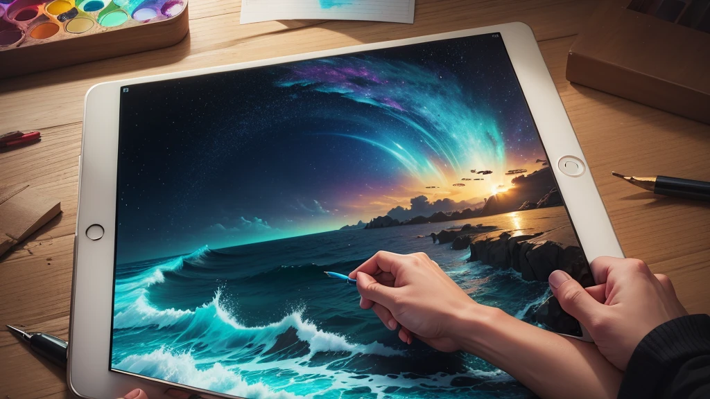 ((zoom in) Create a scene of a large ocean of colored paints simulating tattoos illuminated with neon by drawing the title Ai in the sky, ai my love