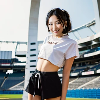 Natural photos of Japanese girls, Wearing bloomer shorts, Crop top,White T-shirt、  Upper body framing, At the Stadium, Golden Hour Lighting:1.3), Shoot at eye level, Fujifilm X-T4 with 50mm lens, Alfred Stieglitz style
