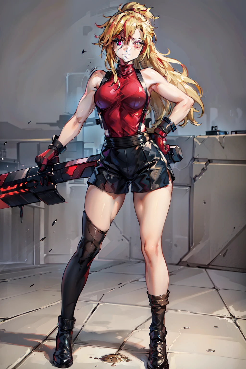 (masterpiece, best quality:1.2), red glowing eyes, red eyes, the eyes are red, perfect face, highres, 1 girl, solo, ultra long ponytail, (female:1.5), strife, blonde hair, shoulder armor, sleeveless turtleneck, suspenders, belt, gloves, bracer, evil smile, standing, portrait, looking at viewer, giant sword on the back, long leather boots, fullbody shot