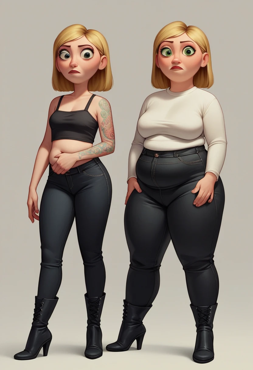 Funnily film character,Pixar Disney 3D, Caucasian skin,chubby, greenish eyes, long dark blonde hair ,black pants, Black jacke  ,malevola tattoo,black heel boots 