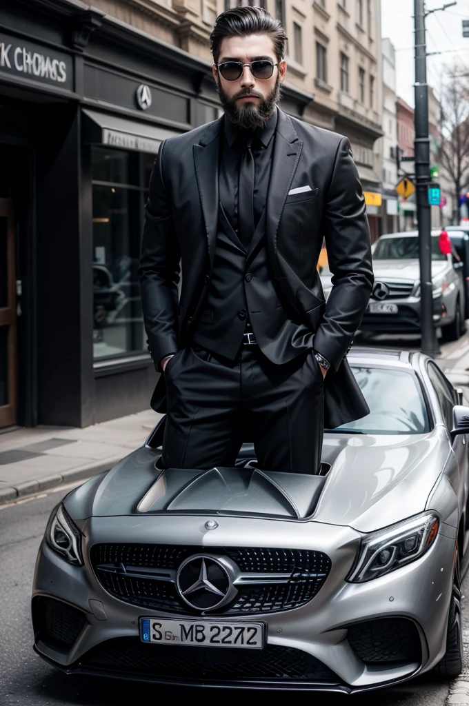 create a man with a beard wearing all black business clothes, in front of a silver Mercedes supercar 