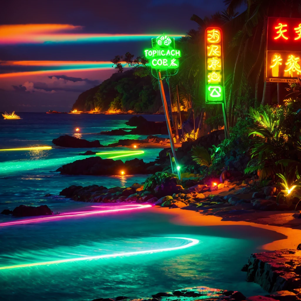 Tropical night　summer　Neon Light　busy　Coastal