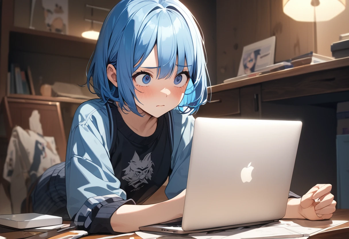 (Highest qualityのイラスト:1.2), (pretty girl:1.1), (1 girl、17 years old、whole body),(1 girl、Round eyes)、Bright blue hair、Short Bob Hair、Medium chest、Troubled face、masterpieceサイドライト、masterpiece、Highest quality、detailed、High resolution illustrations),　I use a MacBook