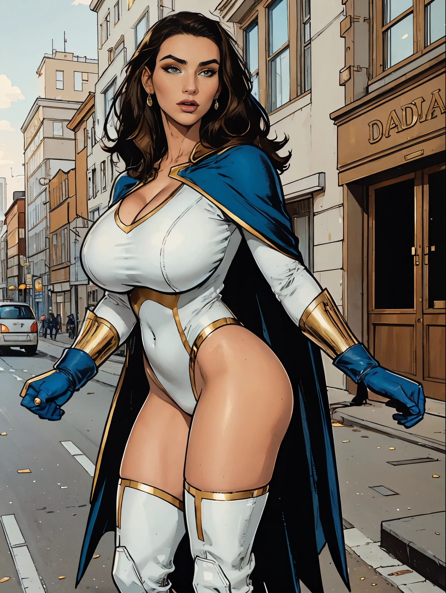 Gorgeous and sultry busty athletic (thin) brunette with sharp facial features wearing a white and gold superhero leotard, dark blue cape, gloves, thigh-high boots. Standing, city street.