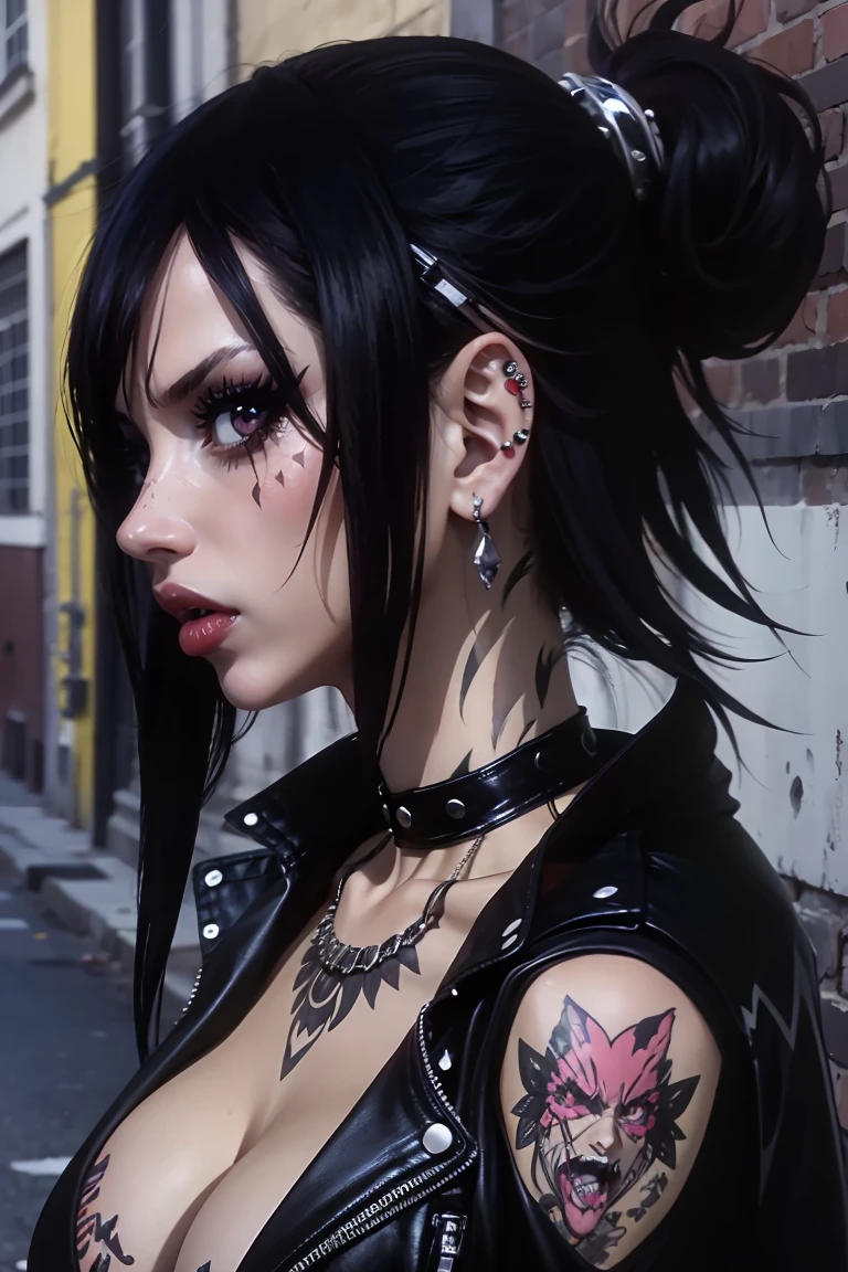 Erza, transformed into a punk rock style succubus, punk clothes, aretes, tongue and nose piercings, Bblack hair}