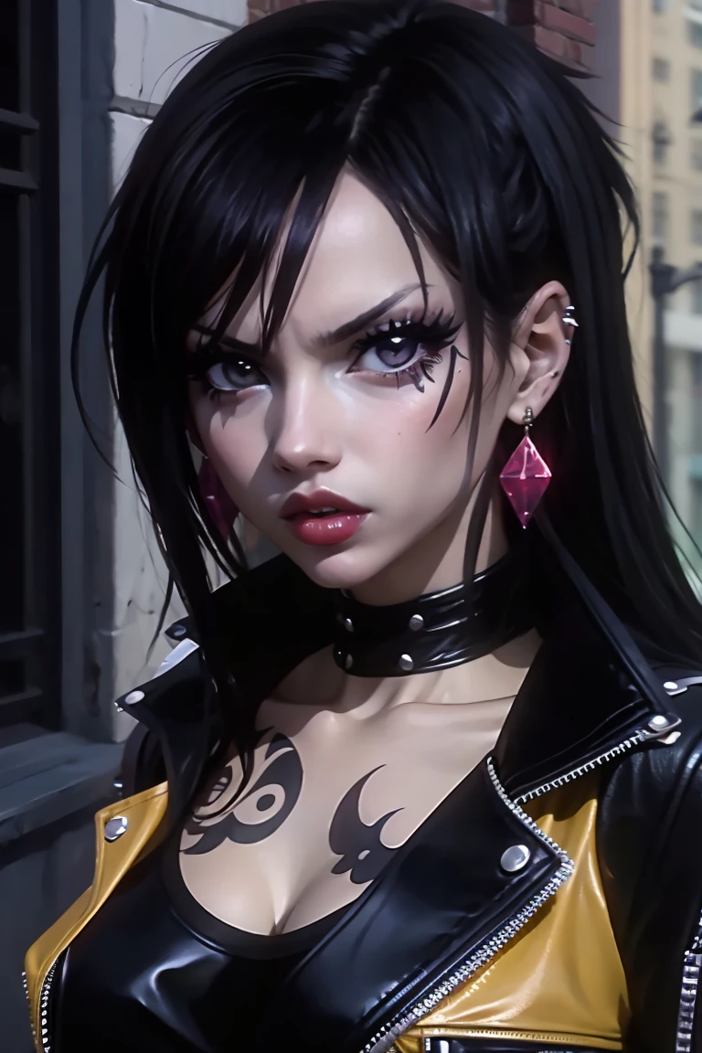 Erza,  transformed into a punk rock style succubus, punk clothes, aretes, tongue and nose piercings, Bblack hair}