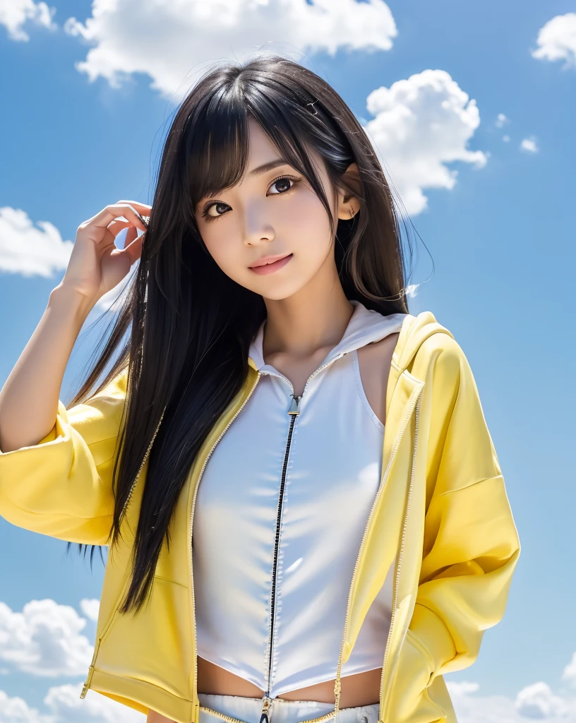 (Highest quality, 32k, High resolution, Masterpiece:1.5), marimo_jet, A girl floating in the air 5000 meters above the ground, Beautiful Japanese Girls, An exceptionally beautiful face, Small Face Beauty, ((whole body:1.2)), Perfect Human Anatomy, Magical big eyes, Motherhood and generosity, Deep Love, fleeting smile, ((Shiny black hair:1.4)), Intricately messy super long straight silk hair, Asymmetrical bangs, Hair between the eyes, Transparent, soft white skin, Sharp eyebrows, Thin lashes, Natural Makeup, Cheek highlighter, Pale pink detailed lips, ((Yellow zip hoodie with front open:1.3)), ((White tank top:1.2)), ((Denim shorts:1.2)), High resolutionの完璧な鎖骨, High resolutionの美しい胸元, Slim figure with ample breasts, High resolutionの美しい太もも, ((Detailed sky background:1.2)), Professional Lighting, Professional photographer, Professional models, mysterious