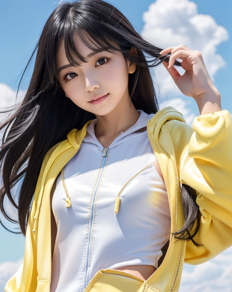 (Highest quality, 32k, High resolution, Masterpiece:1.5), marimo_jet, A girl floating in the air 5000 meters above the ground, Beautiful Japanese Girls, An exceptionally beautiful face, Small Face Beauty, ((whole body:1.2)), Perfect Human Anatomy, Magical big eyes, Motherhood and generosity, Deep Love, fleeting smile, ((Shiny black hair:1.4)), Intricately messy super long straight silk hair, Asymmetrical bangs, Hair between the eyes, Transparent, soft white skin, Sharp eyebrows, Thin lashes, Natural Makeup, Cheek highlighter, Pale pink detailed lips, ((Yellow zip hoodie with front open:1.3)), ((White tank top:1.2)), ((Denim shorts:1.2)), High resolutionの完璧な鎖骨, High resolutionの美しい胸元, Slim figure with ample breasts, High resolutionの美しい太もも, ((Detailed sky background:1.2)), Professional Lighting, Professional photographer, Professional models, mysterious