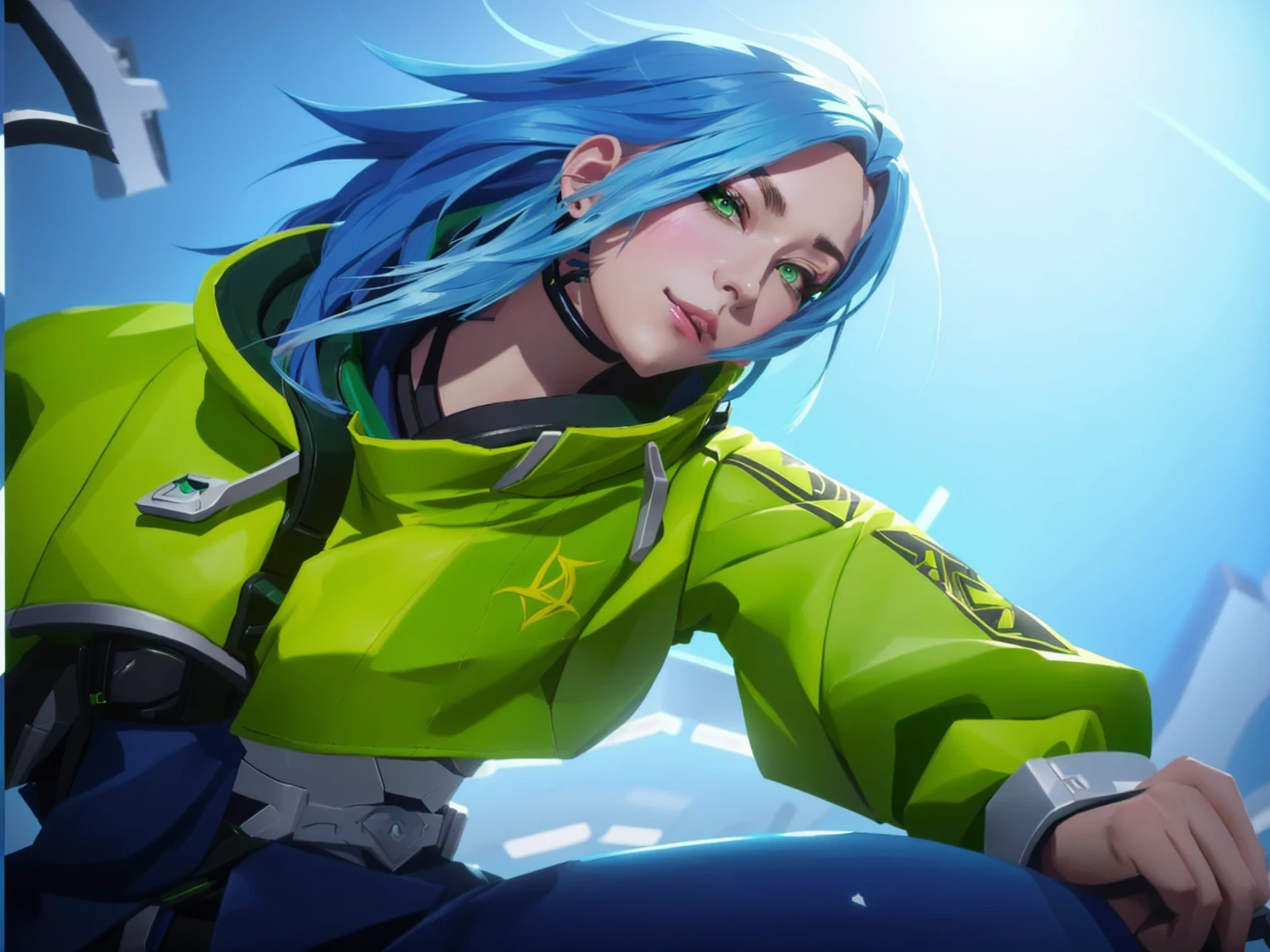a close up of a person with blue hair and a green jacket, female lucio, lucio as a woman, rogue anime girl, fubuki, kda, katana zero video game character, g liulian art style, artgerm jsc, echo from overwatch, portrait knights of zodiac girl, lucio from overwatch, as overwatch character