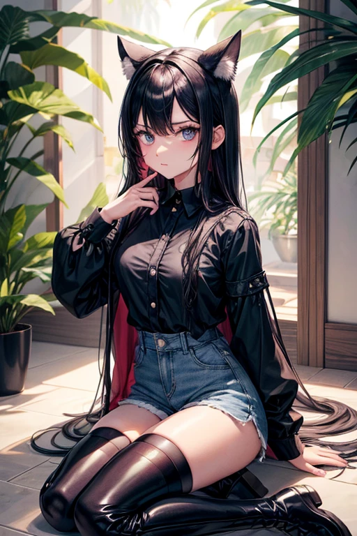 1 girl, Alone, long_Hair, sinos, looking_in_viewer, hits, Blue_eyes, shirt, negro_Hair, thighhighs, long_sleeves, Hair_intre_eyes, jewelry, half_sinos, session, very_long_Hair, llino_body, purple_Hair, multiof colors_Hair, pindiintes, Boots, separate_lips, shorts, swollen_sleeves, negro_thighhighs, thousand_above, nail_Polish, negro_Footwear, arm_above, high_alls, two tones_Hair, fingernails, transparinte, negro_shirt, short_shorts, eyelashes, makeabove, ANIMAL, move, thigh_Boots, negro_shorts, Floral_print, crossed_legs, plant, joya, negro_nails, light_particles, swollen_long_sleeves, high_all_Boots, new_Year, of colors_Internal_Hair, Flash, tejas,chino_zodiac, teja_floor, shoe_soles, transparinte_sleeves, tigre,transparinte_shirt, high-waist_shorts, White_tigre
