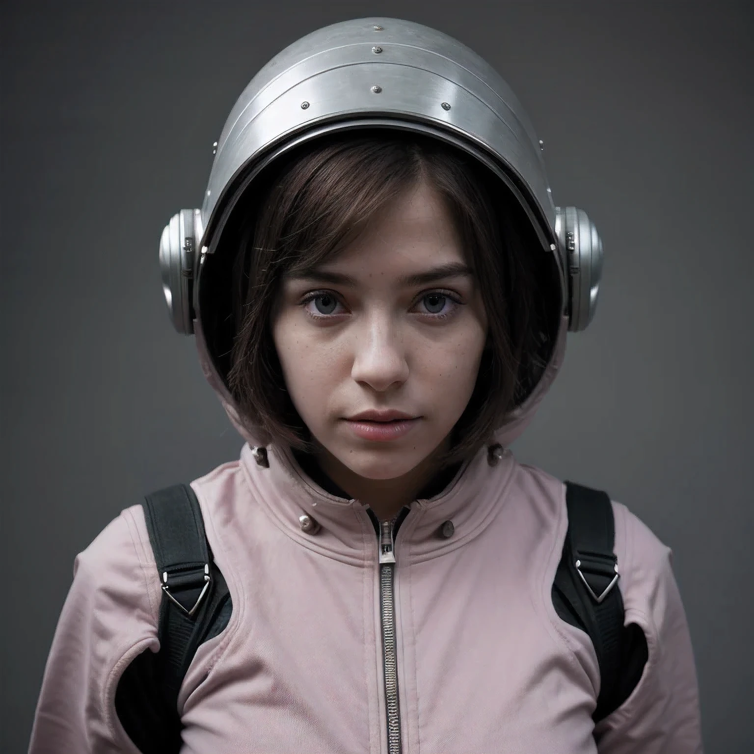 Photo of a college student, Purple Pink, Futuristic space suit, (freckle:0.8) Cute face, Science Fiction, Dystopia, Delicate eyes, Green pupils（（side view））