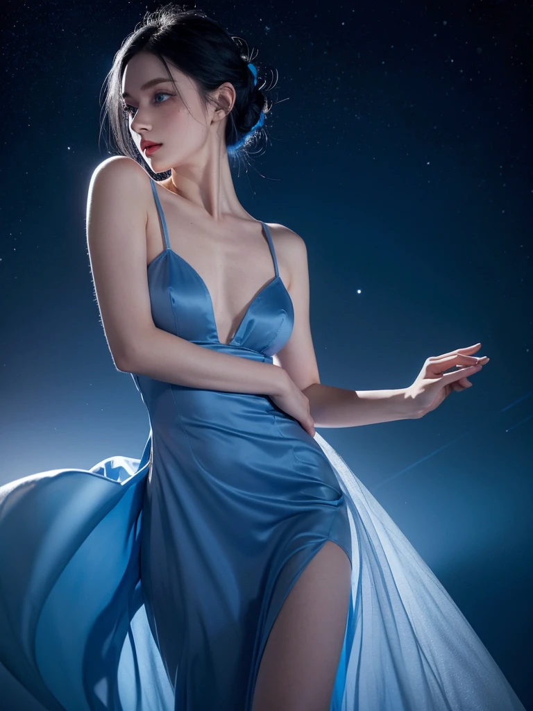1woman, blue indigo hair, azur blue eyes, pale skin, freckles, black and royal blue ballerina dress, ballerina, arabesque pose, starry background,medium hair, medium chest