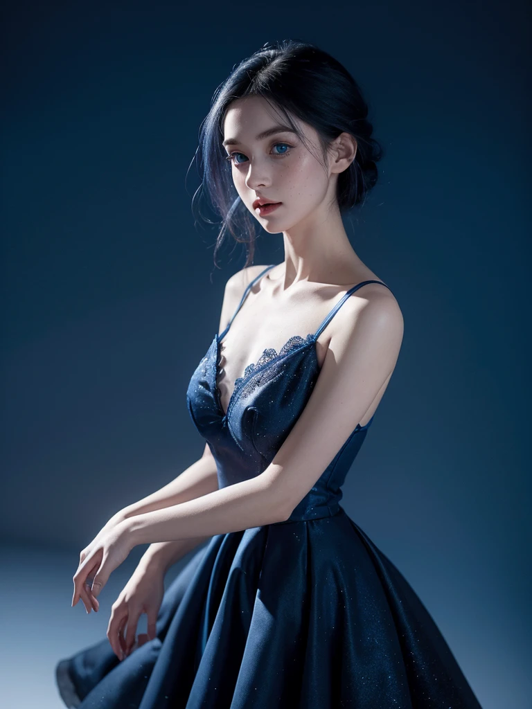 1woman, blue indigo hair, azur blue eyes, pale skin, freckles, black and royal blue ballerina dress, ballerina, arabesque pose, starry background,medium hair, medium chest
