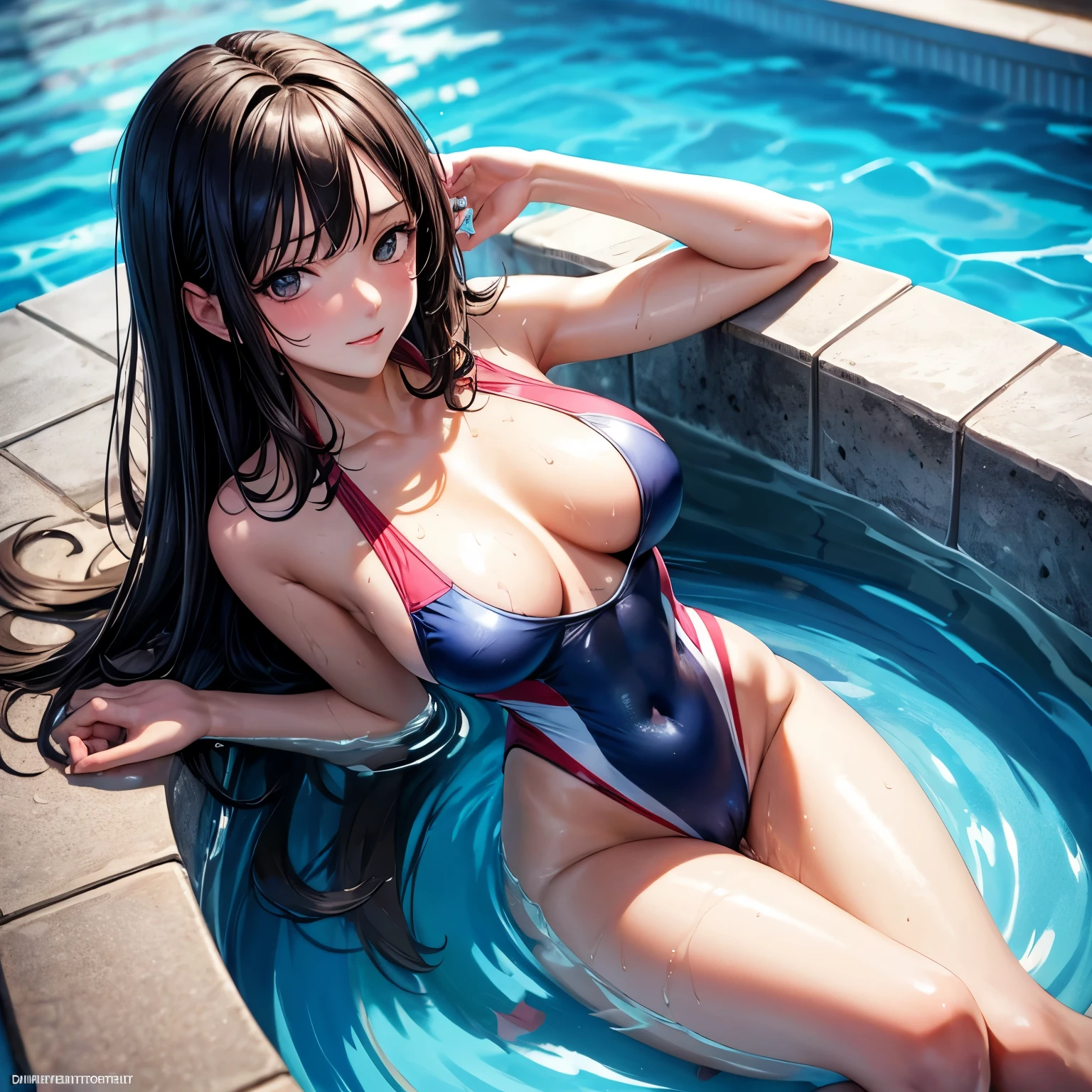 (4K,masterpiece,best quality,ultra detailed),(from above,cowboy shot:1.2),(sitting),(daylight),looking viewer,(solo),(fullpage of beautiful women), japanese,(age),(medium hair,silky hair,straight hair,beautiful black hair),(beautiful detailed face,beautiful detailed eyes,finely detailed skin,beautiful medium breast,beautiful hips,(fair skin)),slender,light smile,shy,(wet one piece competition swimsuit),(on pool side),(cameltoe:0.2),(covered nipples:0.4),pussy juice,