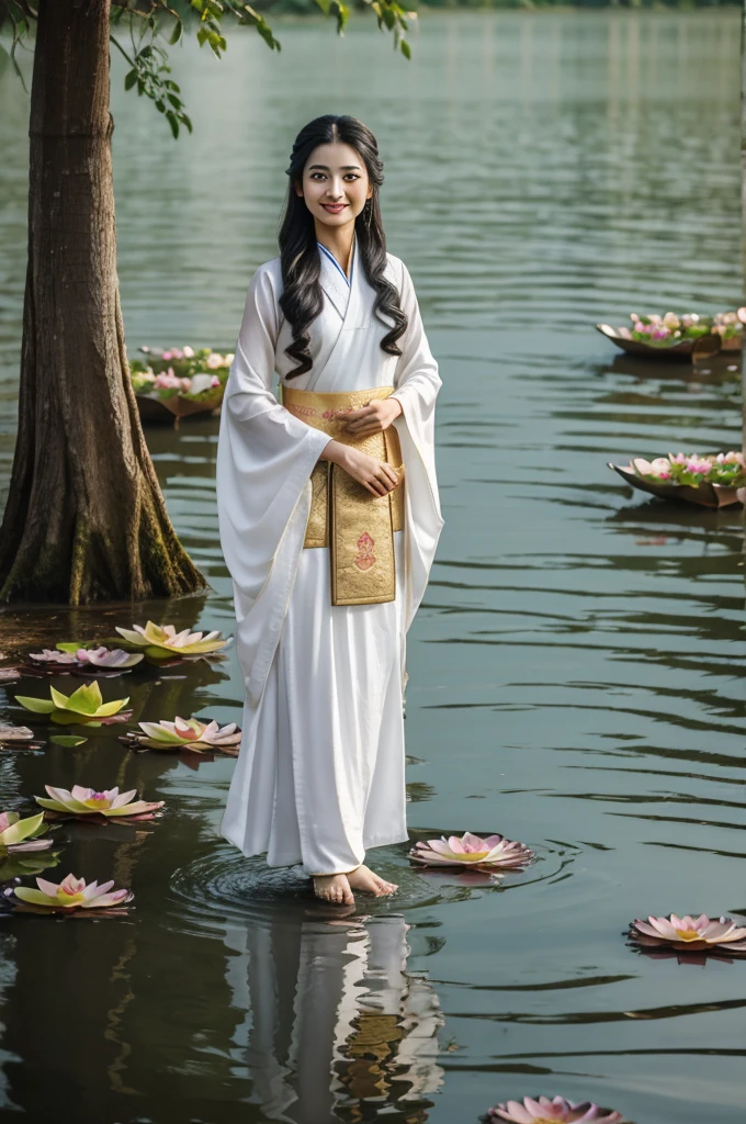 ((4k,masterpiece,best quality)), lord sri ram traditional chinese ink painting, lotus,  hanfu, maxiskit, dress conservatively
 smile, standing, feet in the water, barefoot,
 