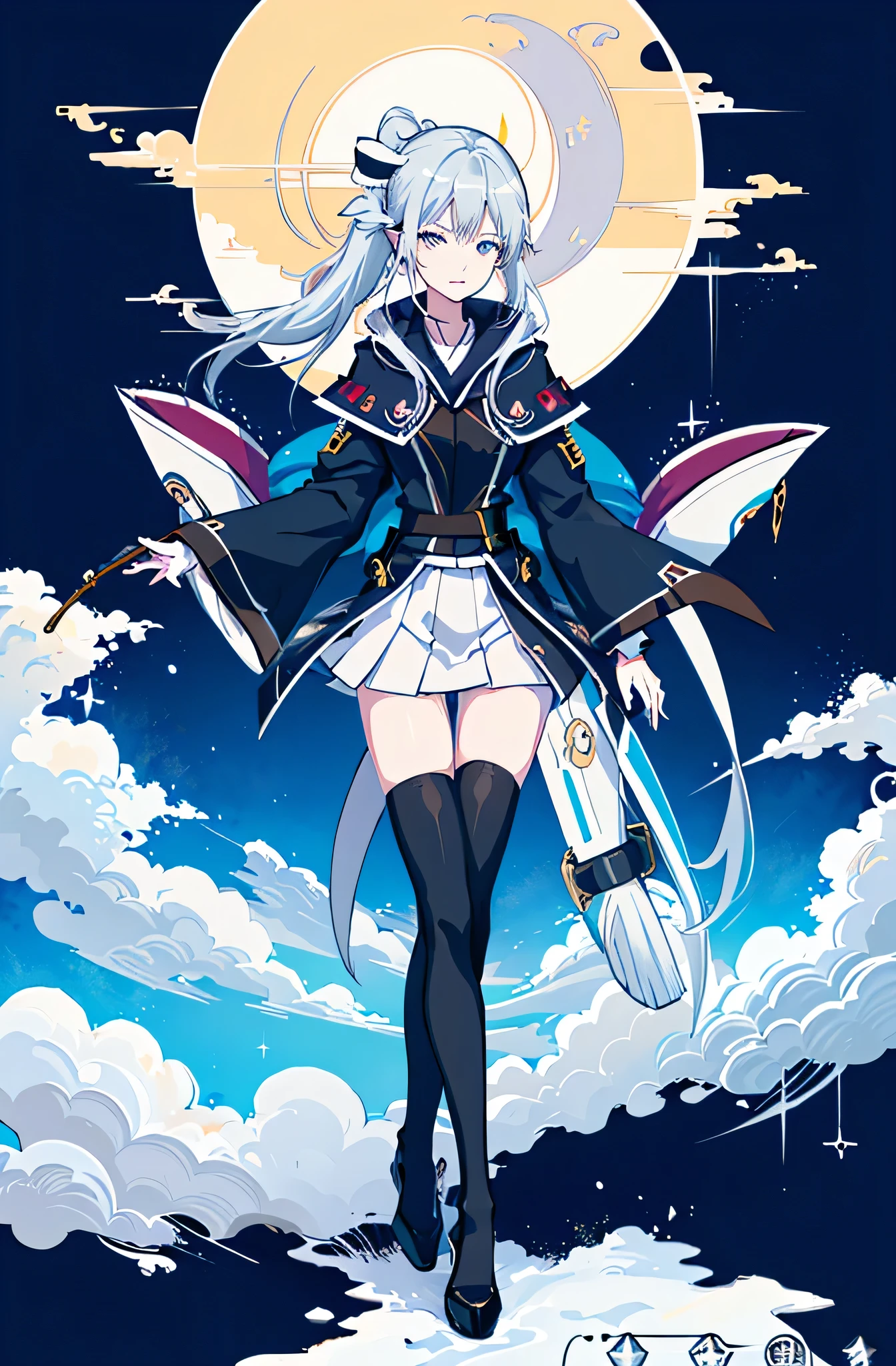 1girl, solo, outdoors, long hair, holy place, Original,(Illustration:1.1),(Best Quality),(masutepiece:1.1),(the Extremely Detailed CG Unity 8K Wallpapers:1.1), (Colorful:0.9),(mid-shot:0.95),(extremely detailed beautiful face),(Solo:1.2), (girl),(((Lori))), (Detailed beautiful eyes:1.15), (Beautiful face:1.15), (Glowing blue eyes:1.25////),(((sky blue Long Hair))),(two side up),(+perfect hand+:1.21),(Draw illustration of Japan priestess costume),(slender),(White pleated skirt),(Gothic),((black thighhighs)),(frilld),(Beautiful Slender Lolita Girl),hallowween,standing, girl,, girl,foggy place,vampire,sky blue hair,((full body,whole body)),((black thighhighs)),((black thighhighs)),((white japan priestess costume)),((white japan priestess costume)),((white japan priestess costume)),white clothes,
