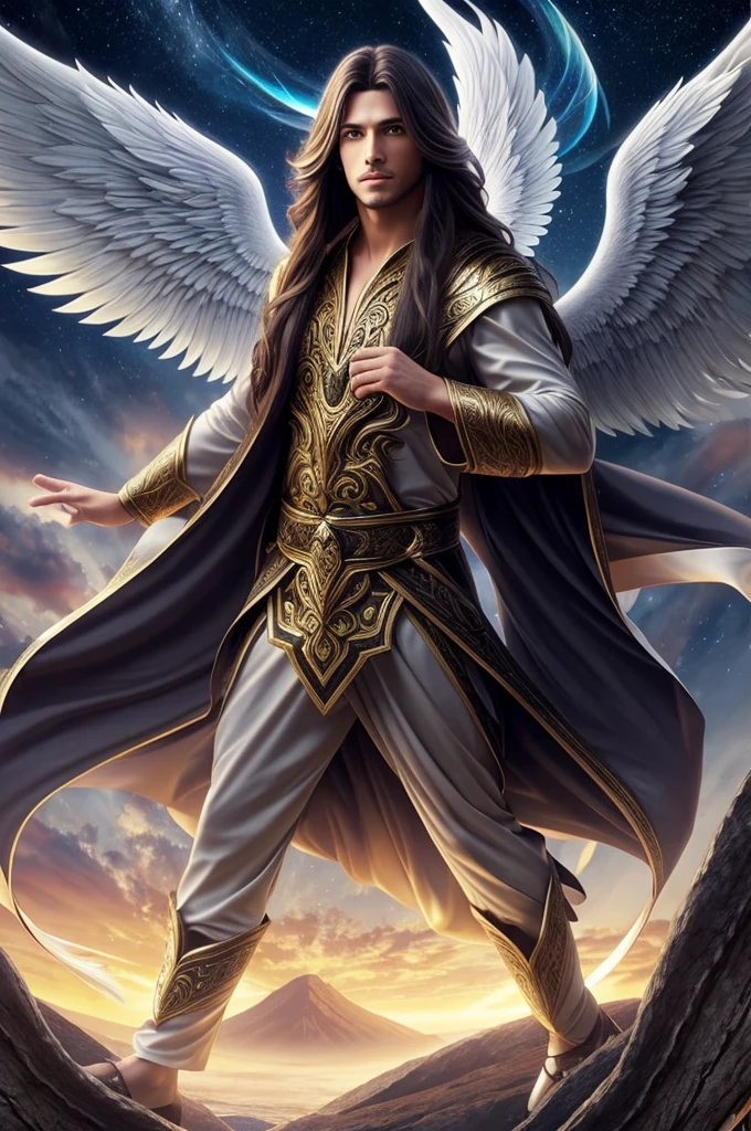 Male angel with long hair, big wings, aura, flowing clothes, mystical, divine, dark sky, light focusing on the angel