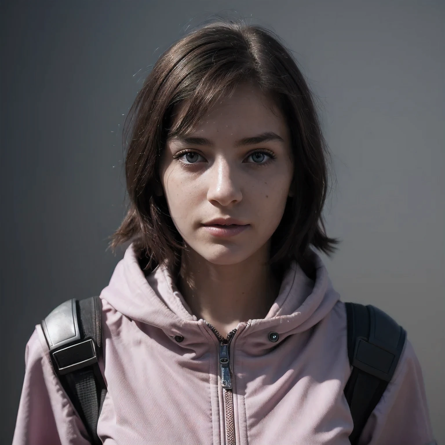 Photo of a college student, Purple Pink, Futuristic space suit, (freckle:0.8) Cute face, Science Fiction, Dystopia, Delicate eyes, Green pupils（（side view））