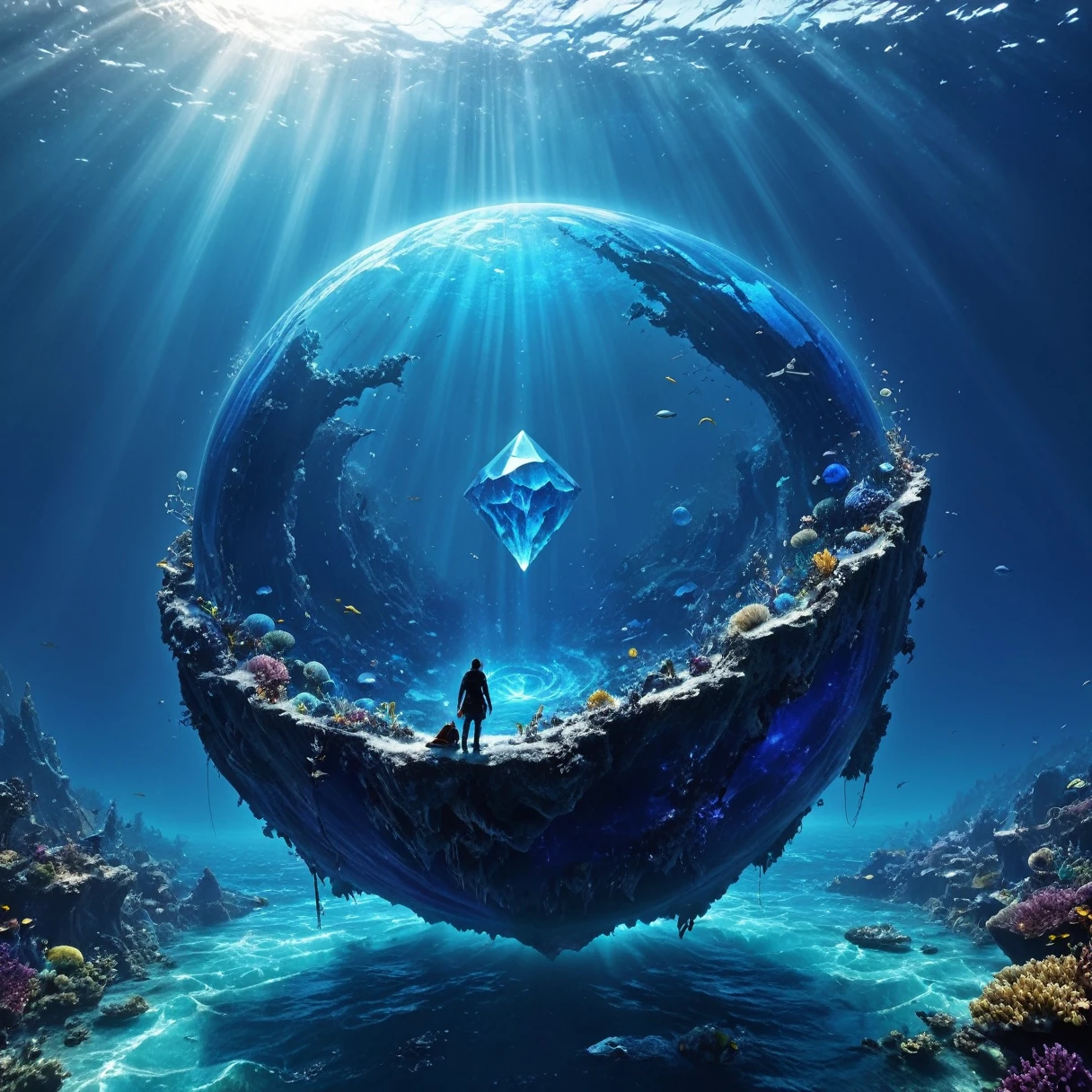 Imagine a gem, blue, Catch your eye. Now look at its depth. The depths are the ocean, A world that does not exist in nature. Inside its blue exterior are people and places beyond our world.
Fantasy style,