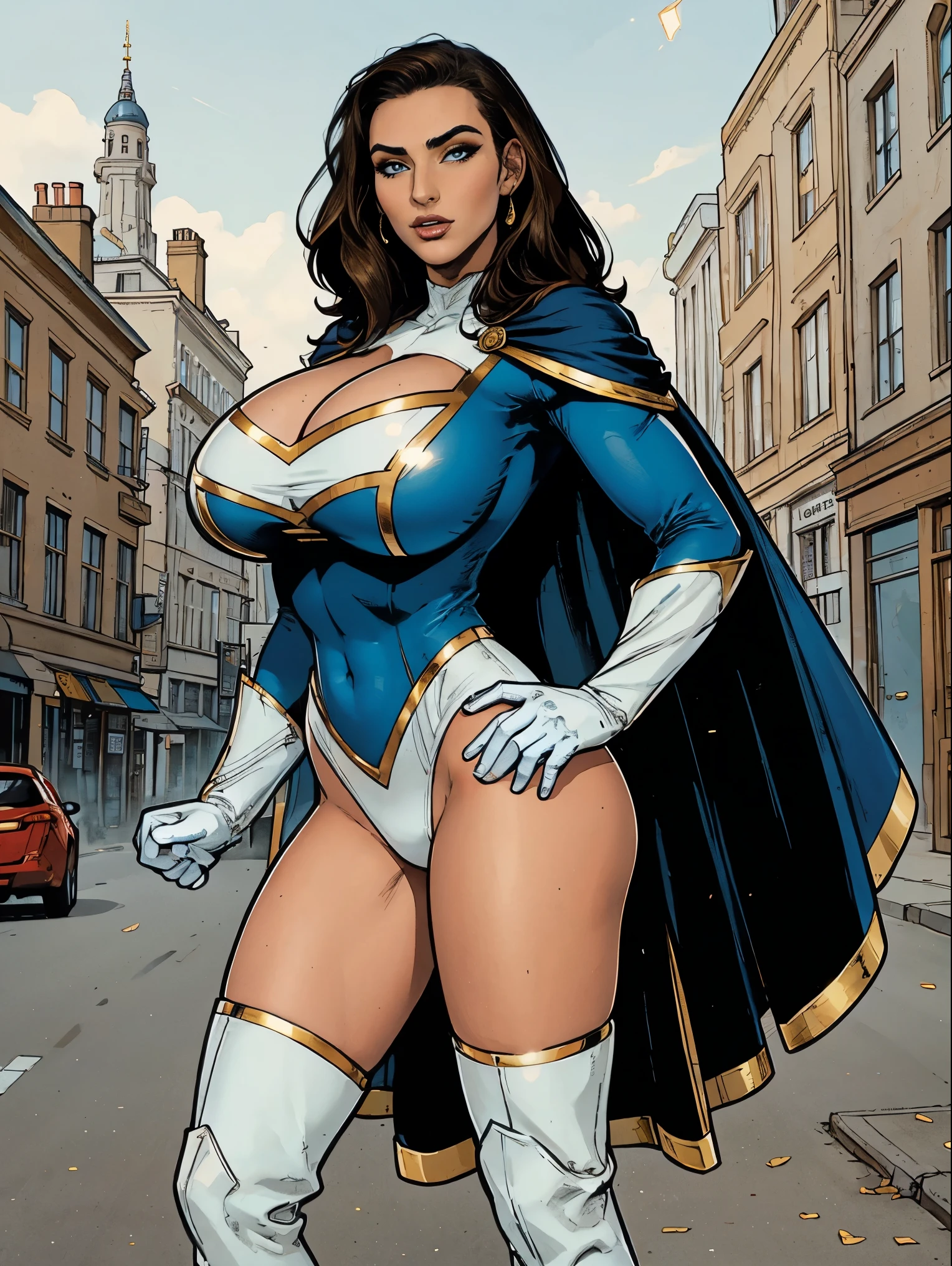 Gorgeous and sultry busty athletic (thin) brunette with sharp facial features wearing a white and gold superhero leotard, dark blue cape, gloves, thigh-high boots. Standing, city street. Muscle.