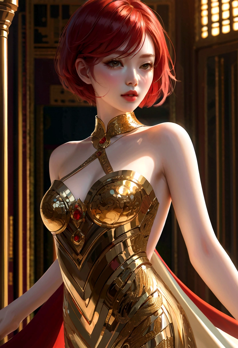 1 Girl, Korean Idol, Red short hair, Very pale skin, Gold dress, (Extremely detailed CG unity 8k wallpaper), The most beautiful works of art in the world, 