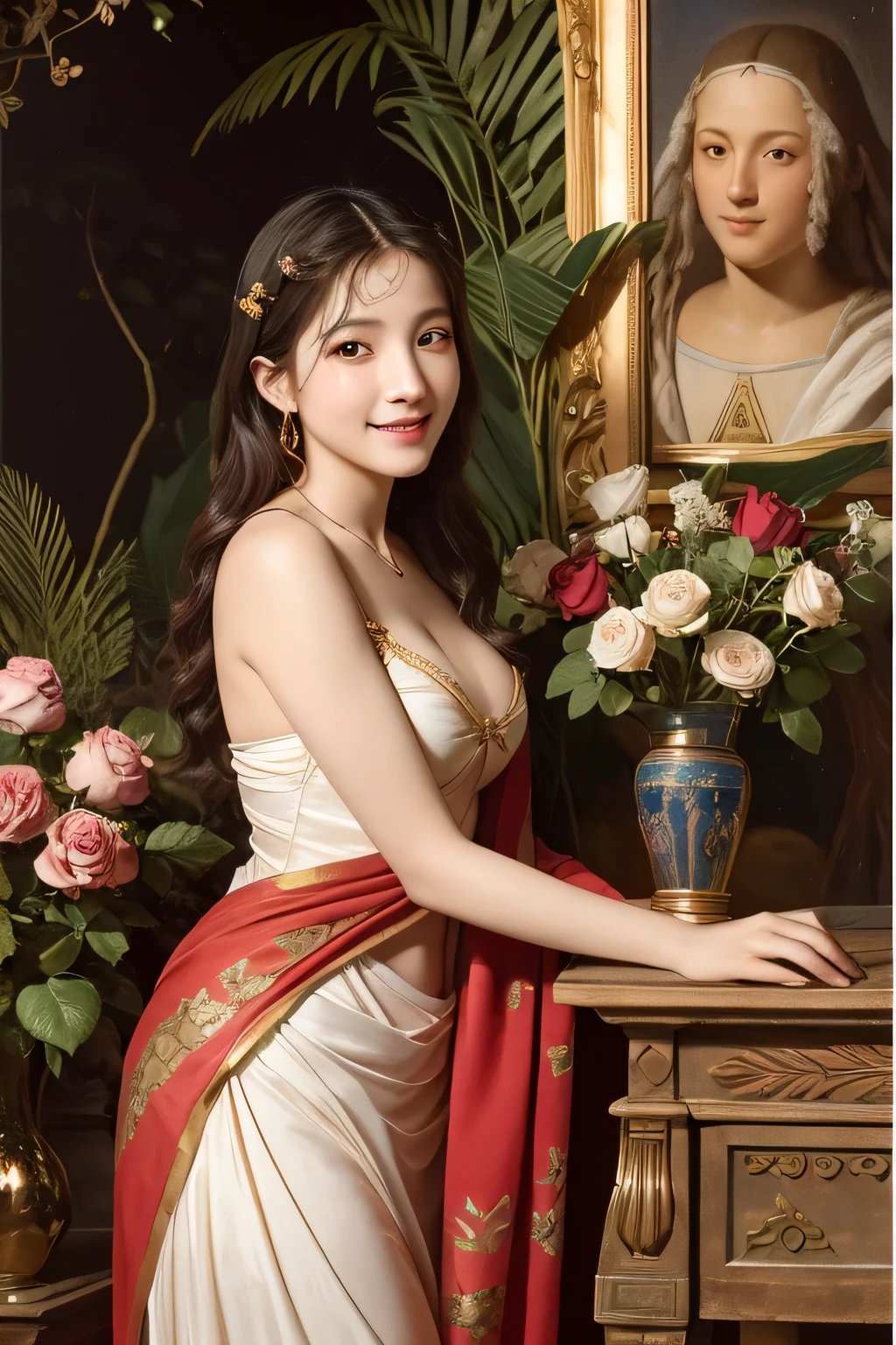 Giorgione painting style,Arguments of two female Philosophe,math、astronomical machine、astronaut、roses in vase、fruits、Cute trinkets、smile、ancient greek costume、Background is a forest lake at night 、Clothes that stretch your shoulders、A big smile、beautiful bare skin、A detailed representation of the seducing woman throughout her body.sexy,erotic smile