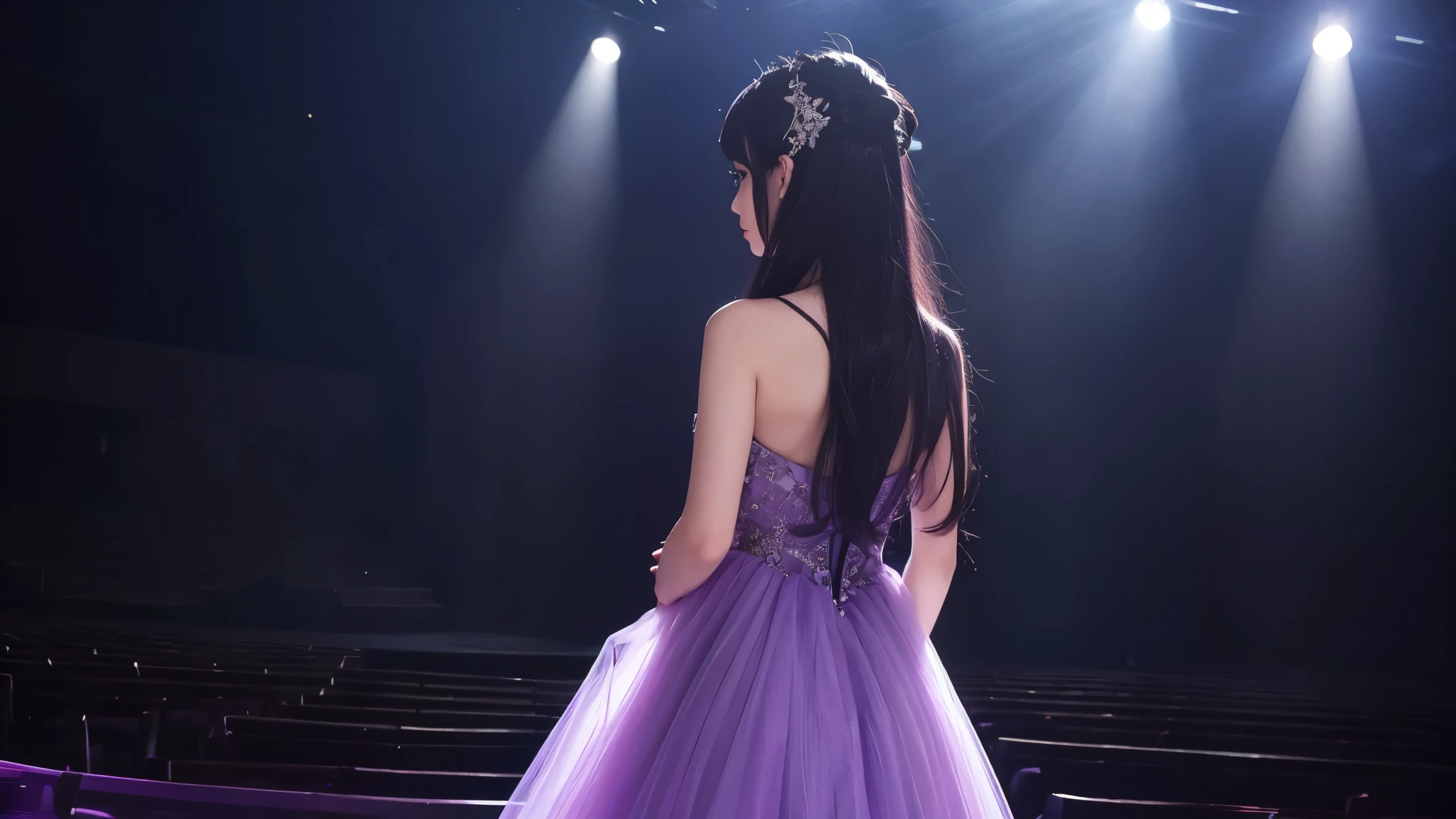 light purple dress, Long black hair, Black eyes, light purple dress, big hall stage, empty dark hall, beautiful lighting, Back light, Beautiful woman, Japanese anime,