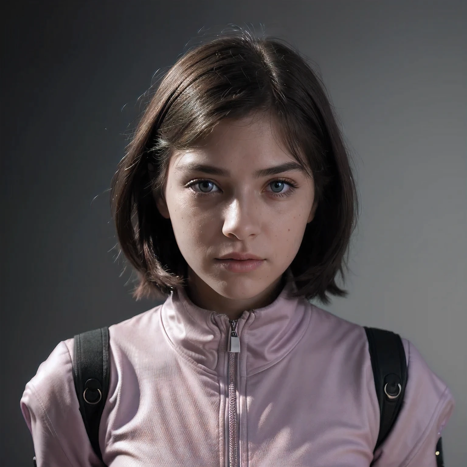 Photo of a college student, Purple Pink, Futuristic space suit, (freckle:0.8) Cute face, Science Fiction, Dystopia, Delicate eyes, Green pupils（（side view））