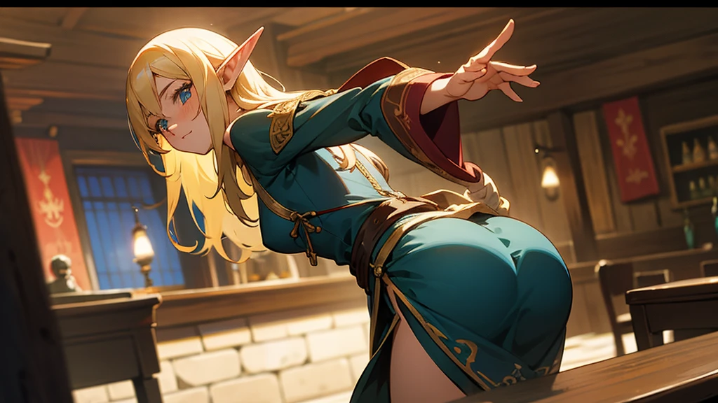Anime Style,Nostalgic,Detailed background,The medieval world,A lively bar with lots of people,A beautiful elf bard wearing a skirt looking back at you,Protruding buttocks