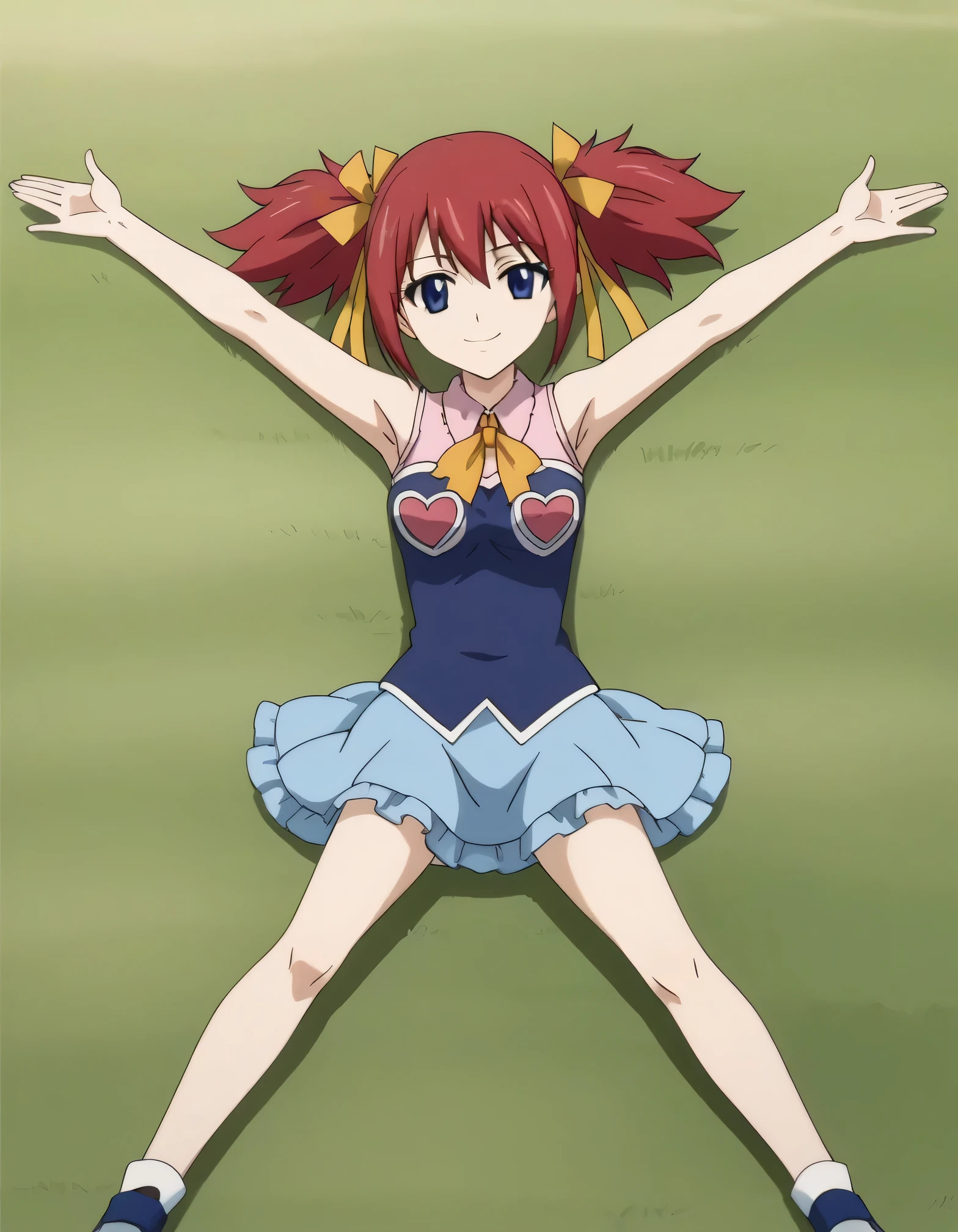 chelia_blendy, source_anime, rating_safe, intricate details, anime screencap, anime coloring, 1girl, solo, red hair, blue eyes, ribbon, hair ribbon, twintails, short twintails, looking at viewer, high quality, solo, lying, on back, arms up, spread arms, closed mouth, on grass, center, full body, looking at viewer, suggestive smile, best quality, spread legs,