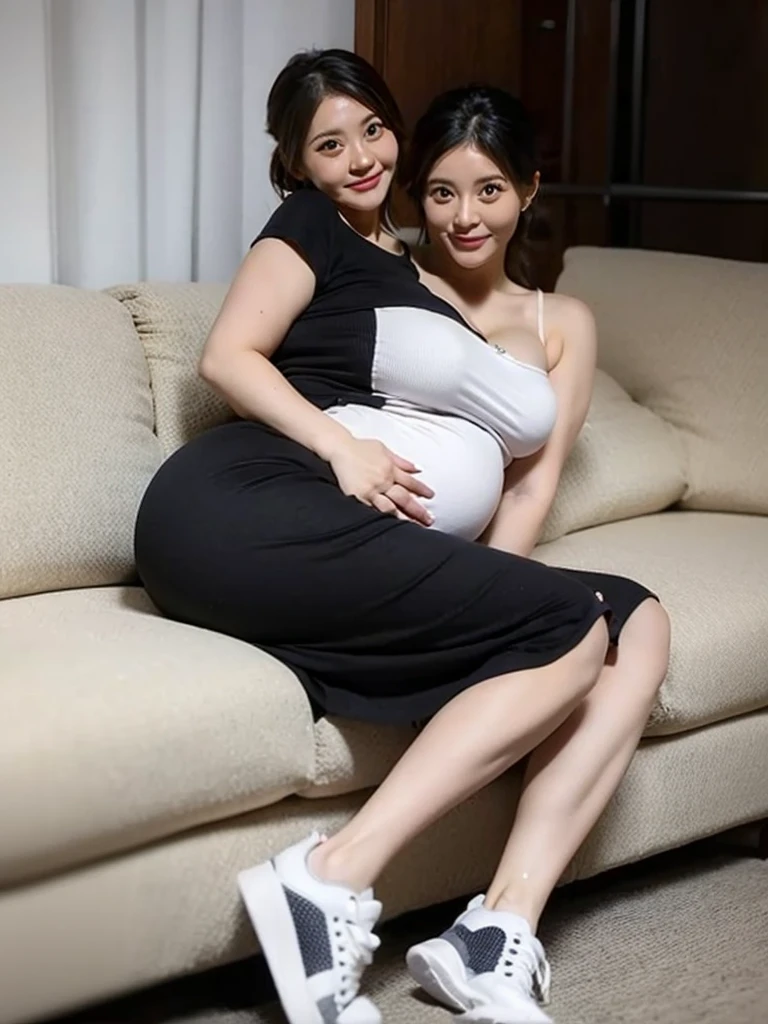 2 heads, Two mothers, 36 years old, During pregnancy, Curvy, Casual Dresses, sneakers, Happy, Sitting on the couch,