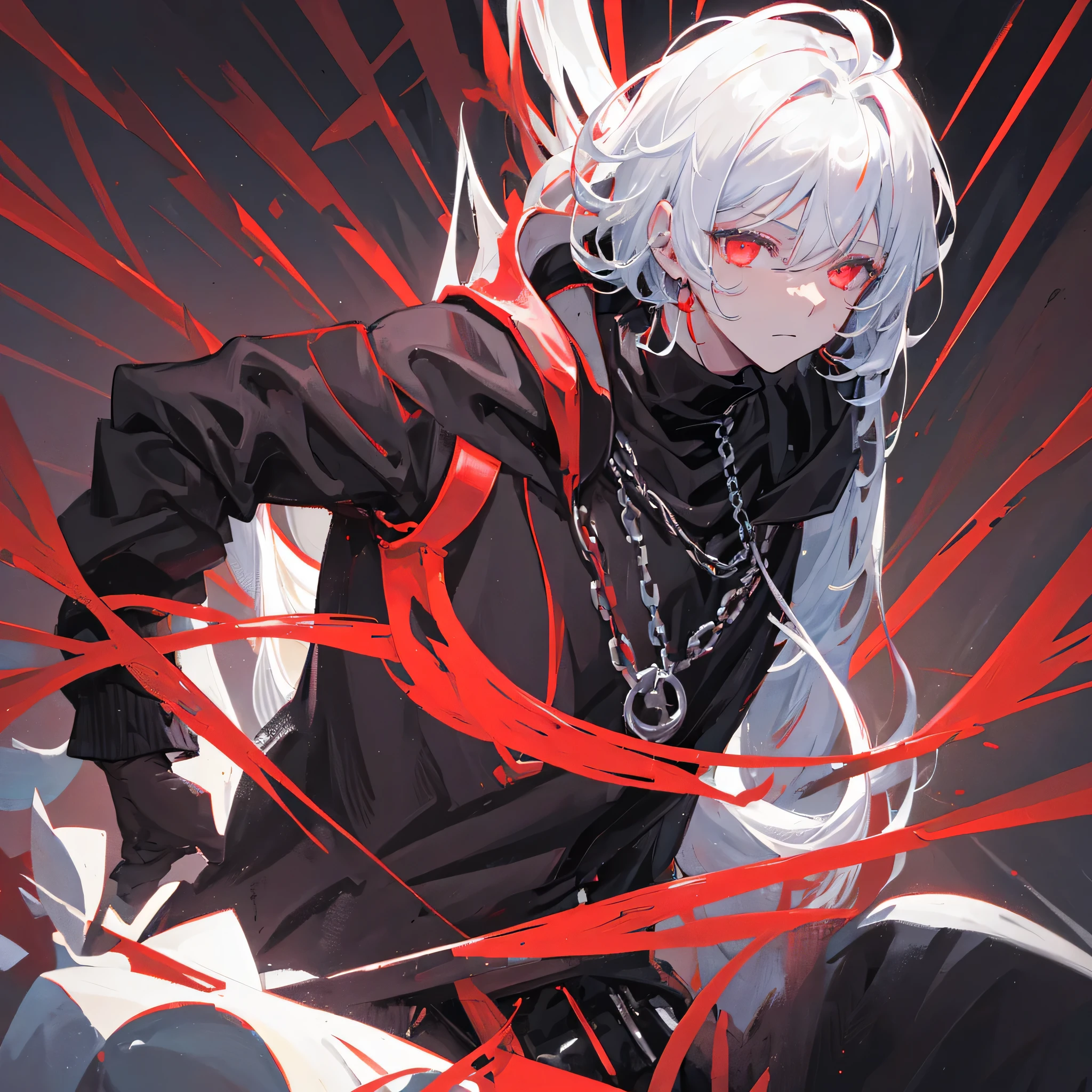 A male god,dark,Black clothes,Dark Ability,short hair,Extremely evil,Black-red tones,Wearing silver chains,((Pure black background))