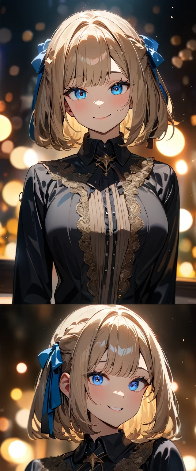 (((One girl))), Shibuya, blond hair, bob cut, ((upper body)), (looking at viewer), breasts, teenager, head tilt:1.3, (((blue eye))), constricted pupils, (from side:1.3), ((happy smile)), gothic lolita:1.3, hair ornament, hair ribbon, anime style, (best quality, 4k, 8k, highres, masterpiece:1.2, ultra-detailed, ultra-detailed eyes, HDR, UHD, studio lighting, ultra-fine painting, sharp focus, physically-based rendering, extreme detail description, professional, vivid colors, bokeh)