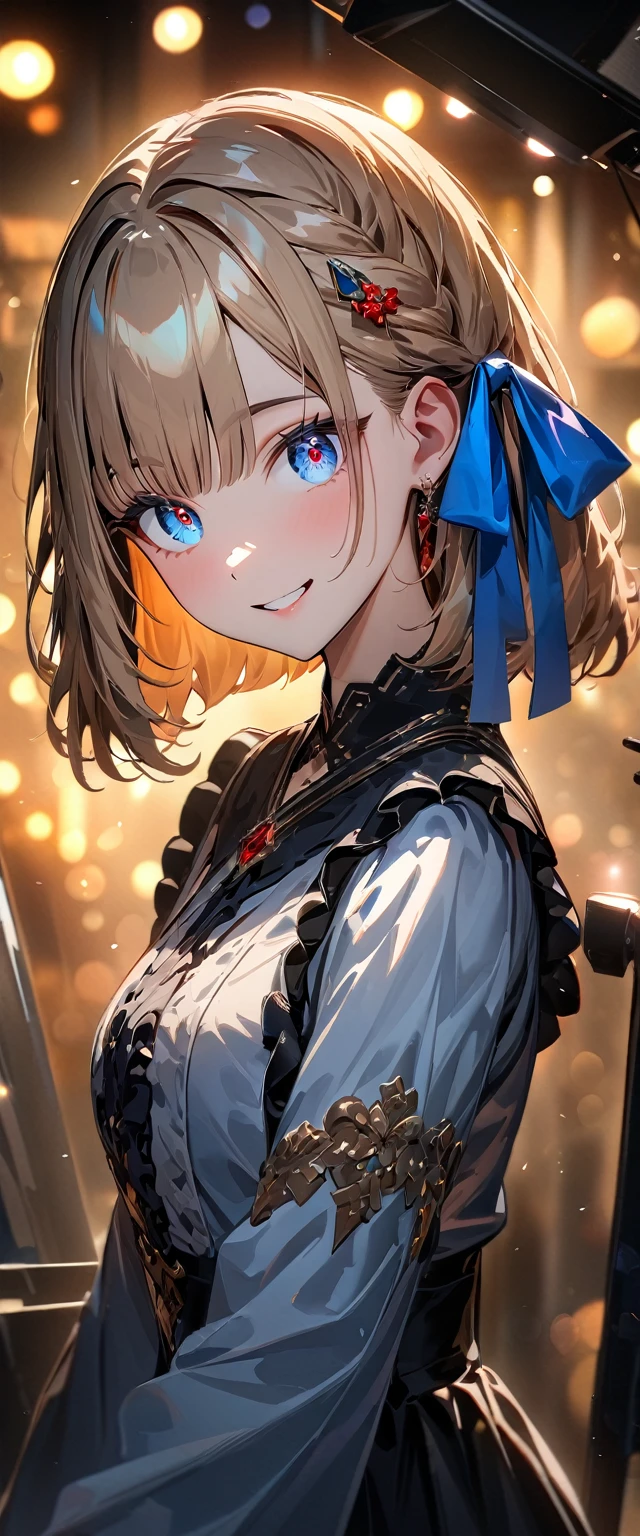 (((One girl))), Shibuya, blond hair, bob cut, ((upper body)), (looking at viewer), breasts, teenager, head tilt:1.3, (((blue eye))), constricted pupils, (from side:1.3), ((happy smile)), gothic lolita:1.3, hair ornament, hair ribbon, anime style, (best quality, 4k, 8k, highres, masterpiece:1.2, ultra-detailed, ultra-detailed eyes, HDR, UHD, studio lighting, ultra-fine painting, sharp focus, physically-based rendering, extreme detail description, professional, vivid colors, bokeh)