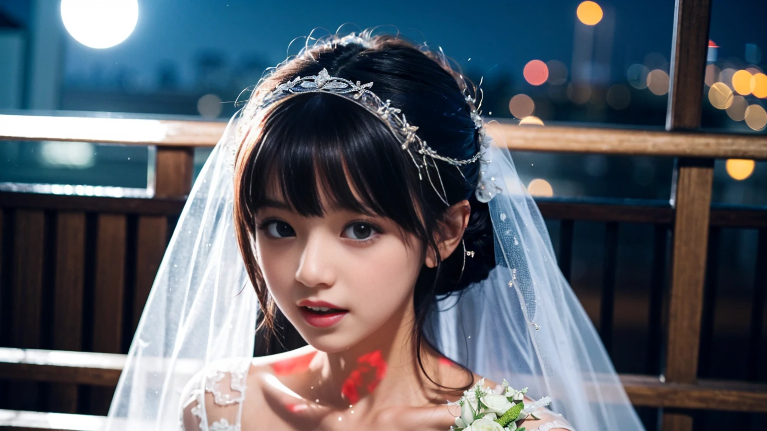 look up, 8K, masterpiece, Most detailed, Highest quality, bus, create a sense of fit, Cute Girls,Side Tail, (Wet),moonlight,((wedding)),pubic hair,Veil,(((bride))),((show off)),(ふっくらとしたNipples),Ecstatic expression,Outdoor,White lace,Nipples,Bright lighting,Ample breasts,Saggy breasts,Hime cut,